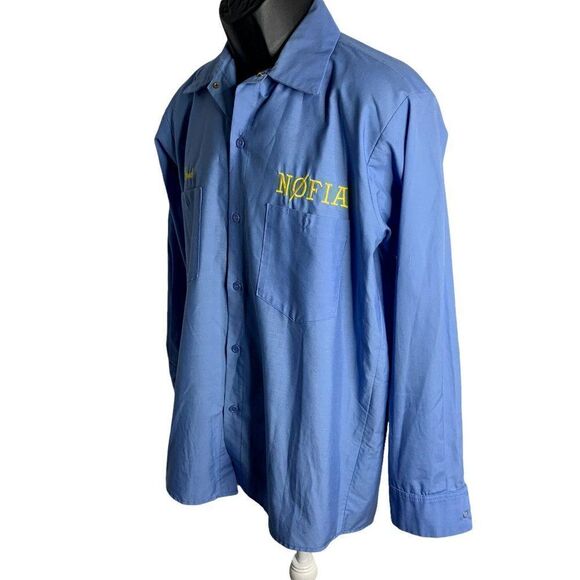 Vintage 70s Button Up Uniform Shirt M Blue El Jebel Radio Embroidered Pockets - Picture 7 of 9